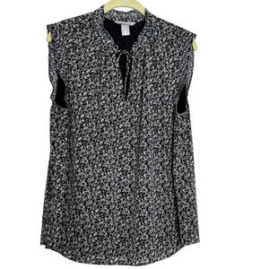 H&M Womens Sleeveless Blouse Large Black White Floral Chiffon Lined Ties at Neck